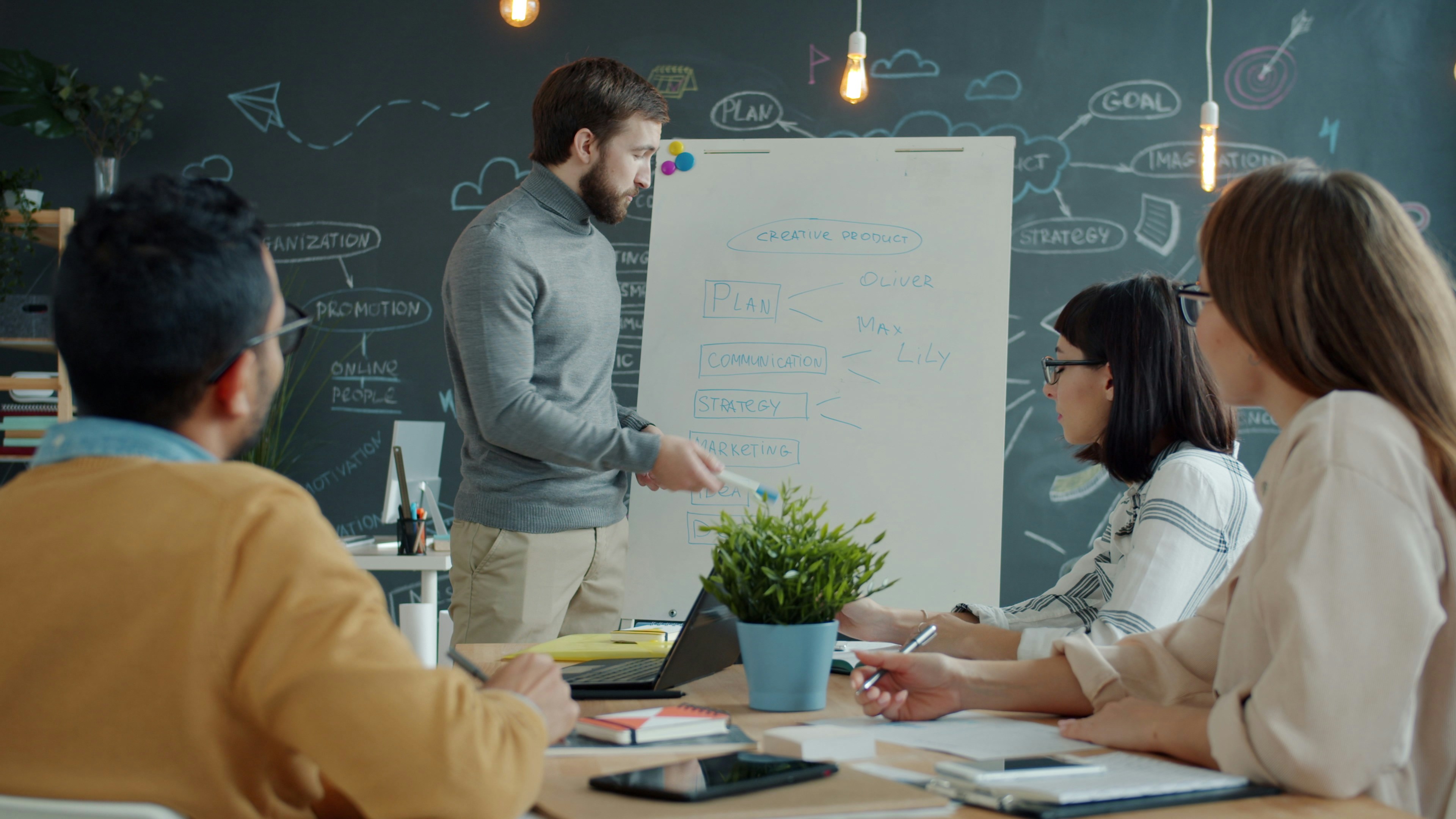 Team discussing strategy at whiteboard — Avitura consulting